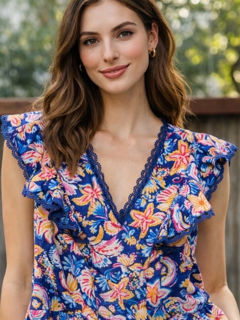 Nanette Lepore Blue Floral V-Neck Ruffle Top